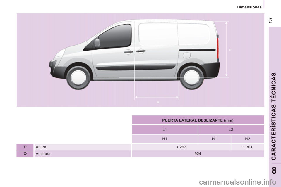 Peugeot Expert VU 2011  Manual del propietario (in Spanish)    
 
Dimensiones  
 
CARACTERÍSTICAS TÉCNICA
S
8
 
 
 
PUERTA LATERAL DESLIZANTE (mm)  
 
   
L1    
L2  
   
H1    
H1    
H2  
   
P    
Altura   
 
1 293    
1 301  
   
Q    
Anchura   
 
924  