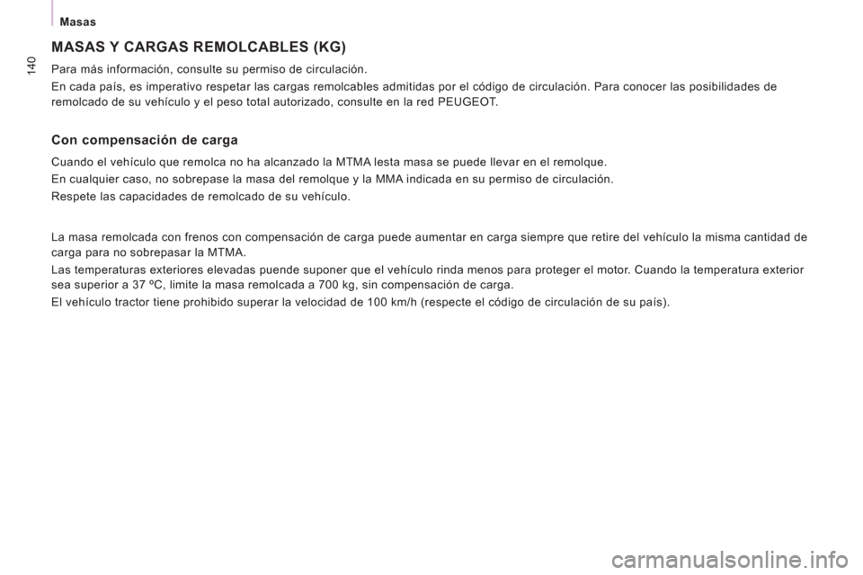 Peugeot Expert VU 2011 Manual del propietario (in Spanish) 140
Masas
MASAS Y CARGAS REMOLCABLES (KG)
Para más información, consulte su permiso de circulación.
En cada país, es imperativo respetar las cargas remolcables admitidas por el códi Peugeot Expert VU 2011 Manual del propietario (in Spanish) 140
Masas
MASAS Y CARGAS REMOLCABLES (KG)
Para más información, consulte su permiso de circulación.
En cada país, es imperativo respetar las cargas remolcables admitidas por el códi