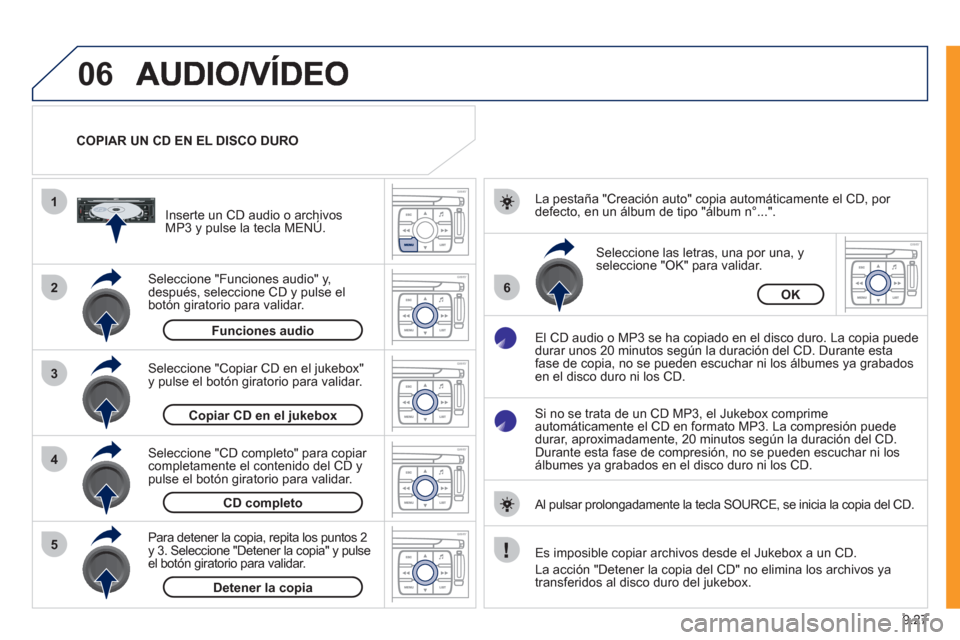 Peugeot Expert VU 2011  Manual del propietario (in Spanish) 9.27
06
1
2
4
3
6
5
COPIAR UN CD EN EL DISCO DURO
Seleccione "Funciones audio" 
y, 
después, seleccione CD y pulse el botón giratorio para validar.     
Inserte un 
CD audio o archivosMP3 y pulse la