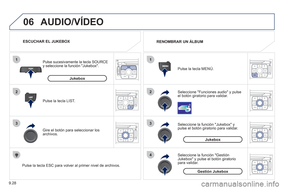Peugeot Expert VU 2011  Manual del propietario (in Spanish) 9.28
06
1
2
3
4
1
2
3
AUDIO/VÍDEO 
Seleccione "Funciones audio" y pulse el botón giratorio para validar.   Pulse la tecla MEN
Ú.   RENOMBRAR UN ÁLBUM
   
Seleccione la función "Jukebox" 
y pulse 