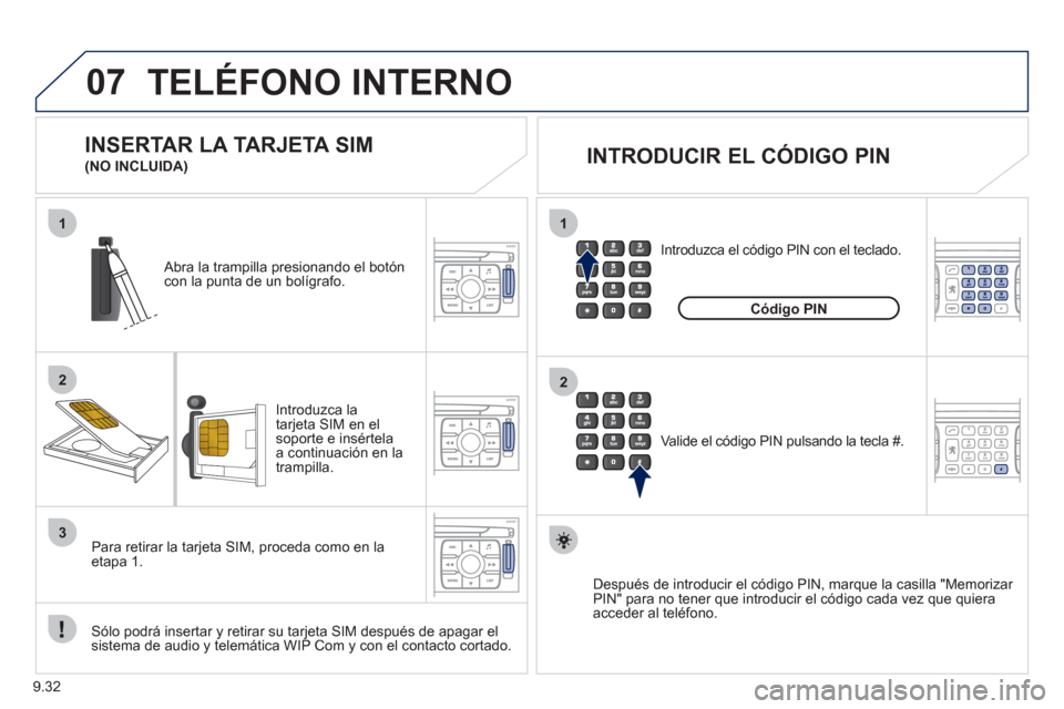 Peugeot Expert VU 2011  Manual del propietario (in Spanish) 9.32
07
1
2
1
2
3
TELÉFONO INTERNO 
Introduzca latarjeta SIM en el
soporte e insértela 
a continuación en la 
trampilla.      
Abra la trampilla presionando el botón 
con la punta de un bolígrafo