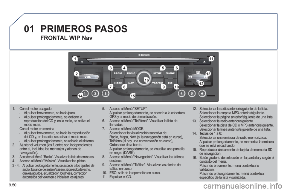 Peugeot Expert VU 2011  Manual del propietario (in Spanish) 9.50
01
11
55
101
22
334466
131
111
99
144155
77881212161
1.   Con el motor apagado  -  Al pulsar brevemente, se inicia/para. - Al pulsar prolongadamente, se detiene lareproducción del CD y, en la ra