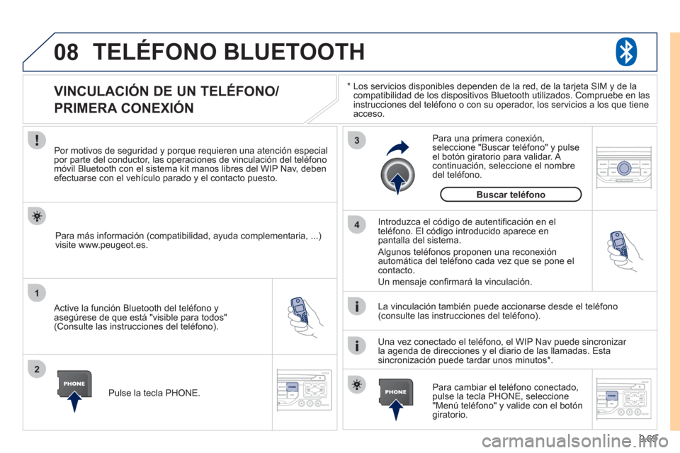 Peugeot Expert VU 2011  Manual del propietario (in Spanish) 9.69
08
1
2
3
4
TELÉFONO BLUETOOTH
*    
Los servicios disponibles dependen de la red, de la tarjeta SIM y de la compatibilidad de los dispositivos Bluetooth utilizados. Compruebe en las 
instruccion