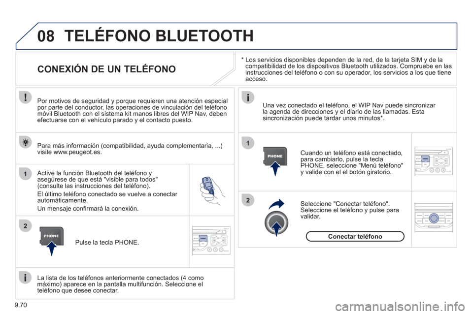 Peugeot Expert VU 2011  Manual del propietario (in Spanish) 9.70
08
1
2
2
1
   * 
   
Los servicios disponibles dependen de la red, de la tarjeta SIM y de lacompatibilidad de los dispositivos Bluetooth utilizados. Compruebe en las
instrucciones del teléfono o