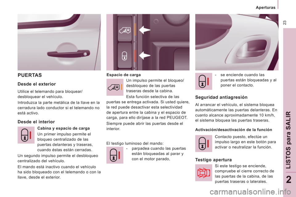 Peugeot Expert VU 2011 Manual del propietario (in Spanish) 23
Aperturas
LISTOS
para SALI
R
2
PUERTAS
Espacio de carga
- se enciende cuando las
puertas están bloqueadas y al
poner el contacto.
Desde el interior
Desde el e Peugeot Expert VU 2011 Manual del propietario (in Spanish) 23
Aperturas
LISTOS
para SALI
R
2
PUERTAS
Espacio de carga
- se enciende cuando las
puertas están bloqueadas y al
poner el contacto.
Desde el interior
Desde el e