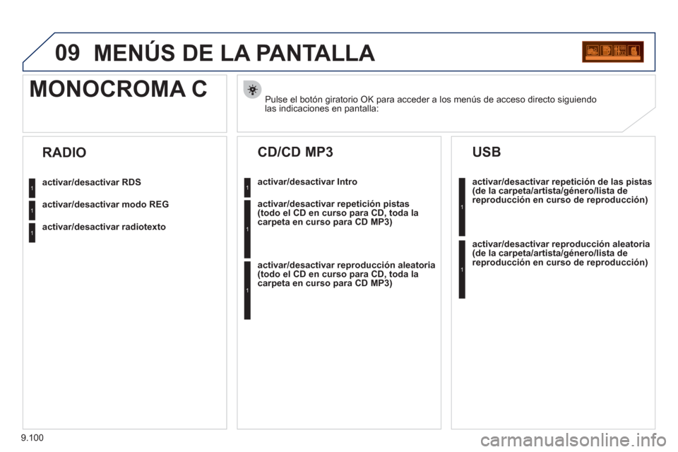 Peugeot Expert VU 2011  Manual del propietario (in Spanish) 9.100
09MENÚS DE LA PANTALLA 
Pulse el botón giratorio OK para acceder a los menús de acceso directo siguiendolas indicaciones en pantalla:
MONOCROMA C 
activar/desactivar RDS
activar/desactivar mo