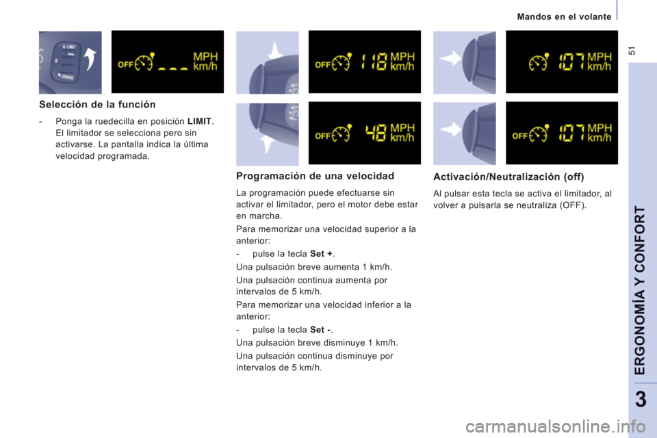 Peugeot Expert VU 2011  Manual del propietario (in Spanish)  51
   
 
Mandos en el volante
ERGONOMÍA Y CONFOR
T
3
 
 
Selección de la función
 
 
 
-   Ponga la ruedecilla en posición  LIMIT 
. 
El limitador se selecciona pero sin 
activarse. La pantalla i