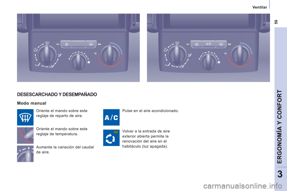 Peugeot Expert VU 2011  Manual del propietario (in Spanish)    
 
 
 
 Ventilar  
 
 
 
 
ERGONOMÍA Y CONFOR
T
3
 
Pulse en el aire acondicionado.   
Oriente el mando sobre este 
reglaje de reparto de aire. 
  Oriente el mando sobre este 
reglaje de temperatu