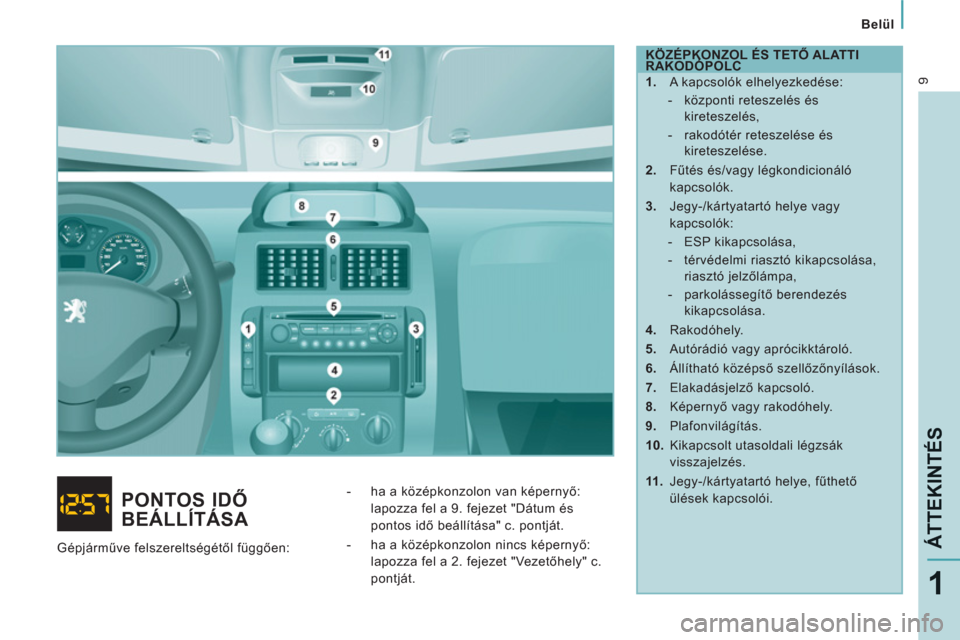 Peugeot Expert VU 2011  Kezelési útmutató (in Hungarian) 9
   
 
Belül  
 
ÁTTEKINTÉ
S
1
 
 
KÖZÉPKONZOL ÉS TETŐ ALATTI 
RAKODÓPOLC 
   
 
1. 
  A kapcsolók elhelyezkedése: 
   
 
-   központi reteszelés és 
kireteszelés, 
   
-   rakodótér 