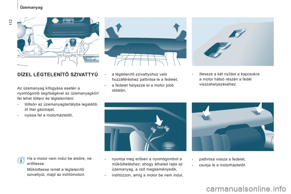 Peugeot Expert VU 2011 Kezelési útmutató (in Hungarian) 11 2
Üzemanyag
DÍZEL LÉGTELENÍTŐ SZIVATTYÚ
Az üzemanyag kifogyása esetén a
nyomógomb segítségével az üzemanyagkört
fel lehet tölteni és légteleníteni:
- tölts Peugeot Expert VU 2011 Kezelési útmutató (in Hungarian) 11 2
Üzemanyag
DÍZEL LÉGTELENÍTŐ SZIVATTYÚ
Az üzemanyag kifogyása esetén a
nyomógomb segítségével az üzemanyagkört
fel lehet tölteni és légteleníteni:
- tölts
