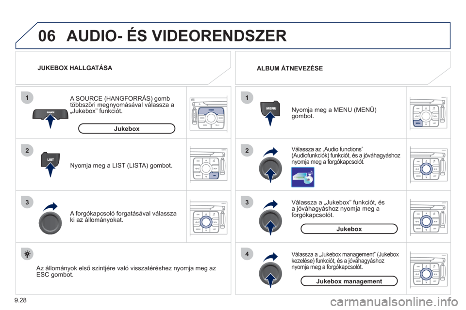 Peugeot Expert VU 2011 Kezelési útmutató (in Hungarian) 9.28
06
1
2
3
4
1
2
3
AUDIO- ÉS VIDEORENDSZER
Válassza az „Audio functions”(Audiofunkciók) funkciót, és a jóváhagyáshoz
nyomja meg a forgókapcsolót.
Nyomja meg a MENU (MENÜ) gombot. Peugeot Expert VU 2011 Kezelési útmutató (in Hungarian) 9.28
06
1
2
3
4
1
2
3
AUDIO- ÉS VIDEORENDSZER
Válassza az „Audio functions”(Audiofunkciók) funkciót, és a jóváhagyáshoz
nyomja meg a forgókapcsolót.
Nyomja meg a MENU (MENÜ) gombot.