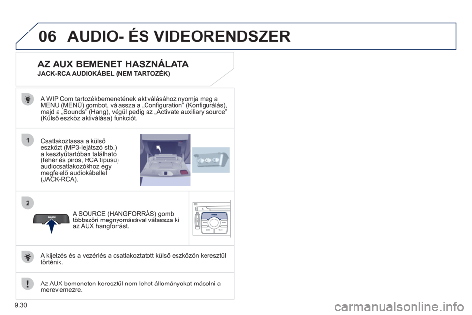 Peugeot Expert VU 2011 Kezelési útmutató (in Hungarian) 9.30
06
1
2
AUDIO- ÉS VIDEORENDSZER
Csatlakoztassa a külső eszközt (MP3-lejátszó stb.)
a kesztyűtartóban található(fehér és piros, RCA típusú)audiocsatlakozókhoz egymegfelelő audiok Peugeot Expert VU 2011 Kezelési útmutató (in Hungarian) 9.30
06
1
2
AUDIO- ÉS VIDEORENDSZER
Csatlakoztassa a külső eszközt (MP3-lejátszó stb.)
a kesztyűtartóban található(fehér és piros, RCA típusú)audiocsatlakozókhoz egymegfelelő audiok