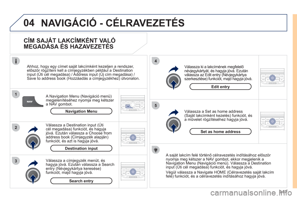 Peugeot Expert VU 2011  Kezelési útmutató (in Hungarian) 9.57
04
1
2
3
5
4
  NAVIGÁCIÓ - CÉLRAVEZETÉS
 
 
CÍM SAJÁT LAKCÍMKÉNT VALÓ 
MEGADÁSA ÉS HAZAVEZETÉS 
   
A Navigation Menu (Navigáció menü) 
megjelenítéséhez nyomja meg kétszer a NA