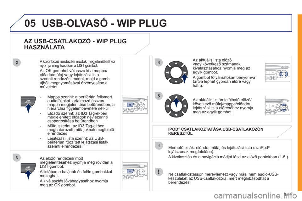 Peugeot Expert VU 2011  Kezelési útmutató (in Hungarian) 9.91
05
42
3
1
5
USB-OLVASÓ - WIP PLUG 
   
AZ USB-CSATLAKOZÓ - WIP PLUG 
HASZNÁLATA 
   Az előző rendez