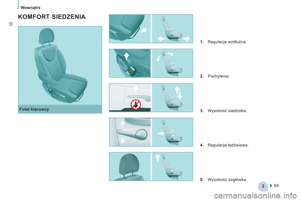 Peugeot Expert VU 2011 Instrukcja Obsługi (in Polish) 3
Wewnątrz
10
Fotel kierowcy
KOMFORT SIEDZENIA
1.
Regulacja wzdłużna.
2.
Pochylenie.
3.
Wysokość siedziska.
4.
Regulacja lędźwiowa.
5.
Wy Peugeot Expert VU 2011 Instrukcja Obsługi (in Polish) 3
Wewnątrz
10
Fotel kierowcy
KOMFORT SIEDZENIA
1.
Regulacja wzdłużna.
2.
Pochylenie.
3.
Wysokość siedziska.
4.
Regulacja lędźwiowa.
5.
Wy
