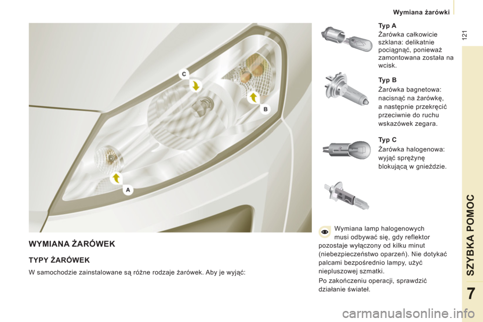Peugeot Expert VU 2011 Instrukcja Obsługi (in Polish) 12
1
Wymiana żarówki
SZYBKA POMOC
7
WYMIANA ŻARÓWEK
Typ A
Żarówka całkowicie
szklana: delikatnie
pociągnąć, ponieważ
zamontowana została na
wcisk.
Typ B
Peugeot Expert VU 2011 Instrukcja Obsługi (in Polish) 12
1
Wymiana żarówki
SZYBKA POMOC
7
WYMIANA ŻARÓWEK
Typ A
Żarówka całkowicie
szklana: delikatnie
pociągnąć, ponieważ
zamontowana została na
wcisk.
Typ B
