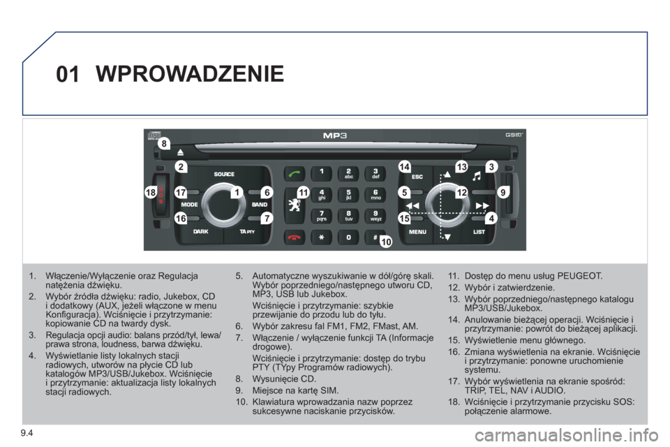 Peugeot Expert VU 2011  Instrukcja Obsługi (in Polish) 9.4
01
2
8
16
18 17
71114 3
59
4 1512 13
61
10
WPROWADZENIE
1.  Włączenie/Wyłączenie oraz Regulacja natężenia dźwięku. 
2.  Wybór źródła dźwięku: radio, Jukebox, CD i dodatkowy (AUX, je�