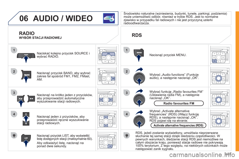 Peugeot Expert VU 2011 Instrukcja Obsługi (in Polish) 9.23
06
1
2
4
3
1
2
4
3
AUDIO / WIDEO
RADIO
Nacisnąć przycisk BAND, aby wybrać
zakres fal spośród FM1, FM2, FMast,
AM. Naciskać kole
jno przycisk SOURCE i
wybrać RADIO.
Nacisnąć przyc Peugeot Expert VU 2011 Instrukcja Obsługi (in Polish) 9.23
06
1
2
4
3
1
2
4
3
AUDIO / WIDEO
RADIO
Nacisnąć przycisk BAND, aby wybrać
zakres fal spośród FM1, FM2, FMast,
AM. Naciskać kole
jno przycisk SOURCE i
wybrać RADIO.
Nacisnąć przyc