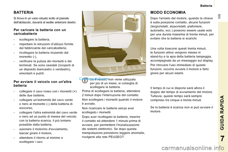 Peugeot Expert VU 2010 Manuale del proprietario (in Italian) 105
Batteria
GUIDA RAPIDA
7
BATTERIA
Si trova in un vano situato sotto al pianale
dellabitacolo, davanti al sedile anteriore destro.
Prima di scollegare la batteria, attendere
2 minut Peugeot Expert VU 2010 Manuale del proprietario (in Italian) 105
Batteria
GUIDA RAPIDA
7
BATTERIA
Si trova in un vano situato sotto al pianale
dellabitacolo, davanti al sedile anteriore destro.
Prima di scollegare la batteria, attendere
2 minut