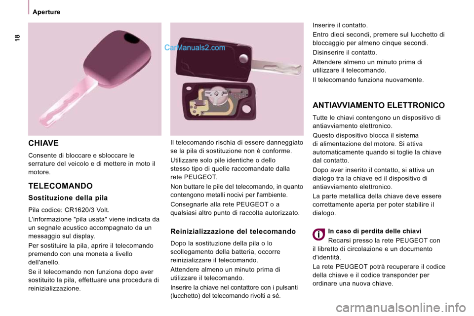 Peugeot Expert VU 2010 Manuale del proprietario (in Italian) Aperture
CHIAVE
Consente di bloccare e sbloccare le
serrature del veicolo e di mettere in moto il
motore.
TELECOMANDO
ANTIAVVIAMENTO ELETTRONICO
Tutte le chiavi contengono un disposi Peugeot Expert VU 2010 Manuale del proprietario (in Italian) Aperture
CHIAVE
Consente di bloccare e sbloccare le
serrature del veicolo e di mettere in moto il
motore.
TELECOMANDO
ANTIAVVIAMENTO ELETTRONICO
Tutte le chiavi contengono un disposi
