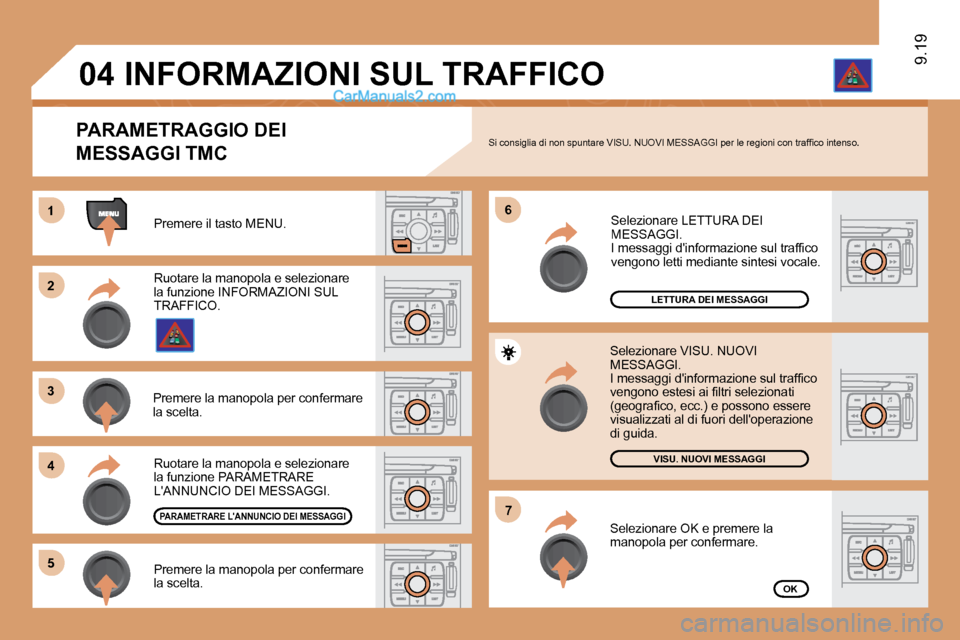 Peugeot Expert VU 2010  Manuale del proprietario (in Italian) 11
�2�2
�3�3
�4�4
�6�6
�5�5
�7�7
�0�4
9.19
 Premere il tasto MENU. 
LETTURA DEI MESSAGGI
�V�I�S�U�.� �N�U�O�V�I� �M�E�S�S�A�G�G�I
OK
  PARAMETRAGGIO DEI
MESSAGGI TMC � �S�i� �c�o�n�s�i�g�l�i�a� �d�i� 