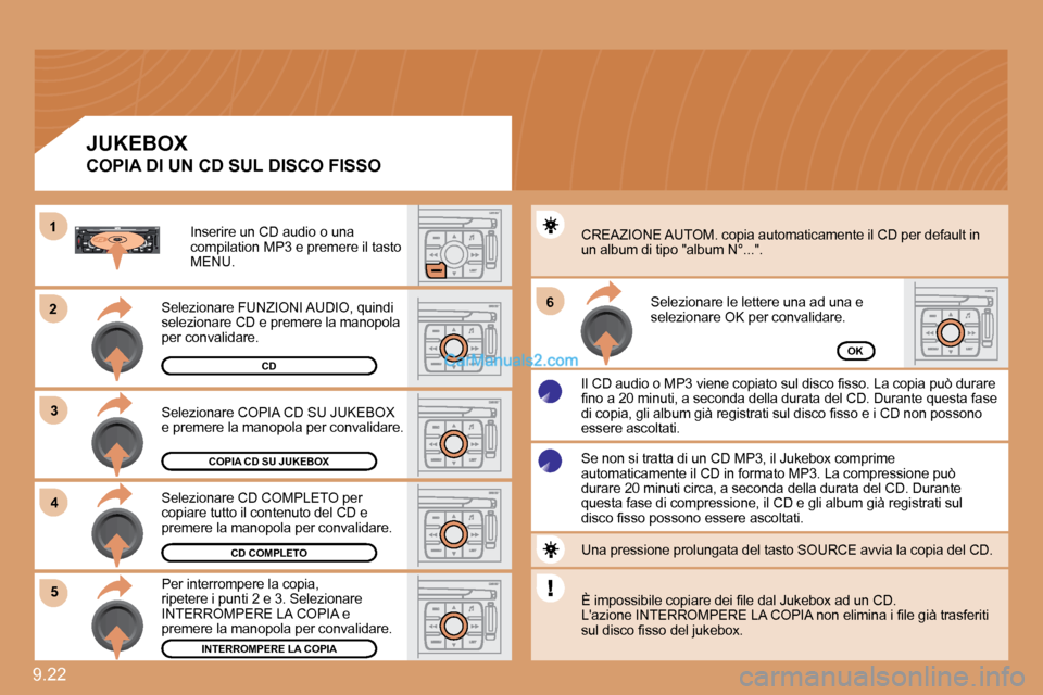 Peugeot Expert VU 2010  Manuale del proprietario (in Italian) 9.22 
�2�2
�3�3
11
�5�5
�6�6
�4�4
COPIA CD SU JUKEBOX
CD COMPLETO
INTERROMPERE LA COPIA
OK
� �S�e�l�e�z�i�o�n�a�r�e� �C�O�P�I�A� �C�D� �S�U� �J�U�K�E�B�O�X� �e� �p�r�e�m�e�r�e� �l�a� �m�a�n�o�p�o�l�a�