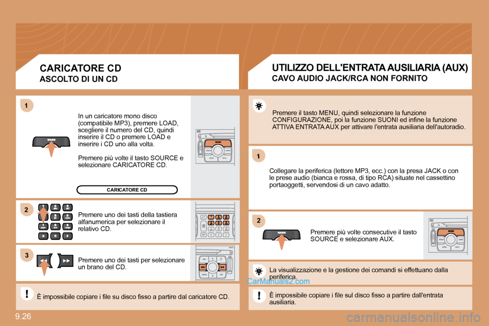 Peugeot Expert VU 2010  Manuale del proprietario (in Italian) 9.26 
1
�2�2
11
�3�3
�2�2
CARICATORE CD
� �I�n� �u�n� �c�a�r�i�c�a�t�o�r�e� �m�o�n�o� �d�i�s�c�o� �(�c�o�m�p�a�t�i�b�i�l�e� �M�P�3�)�,� �p�r�e�m�e�r�e� �L�O�A�D�,� �s�c�e�g�l�i�e�r�e� �i�l� �n�u�m�e�r