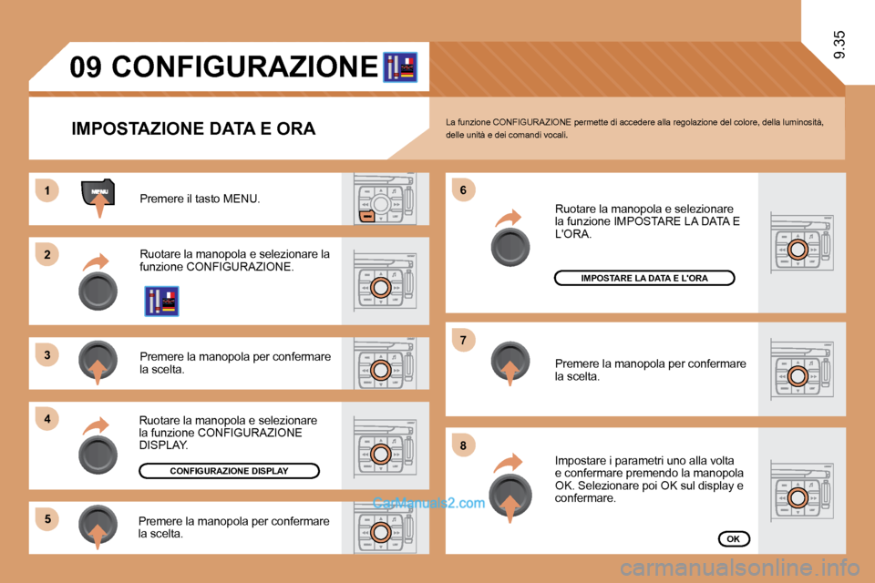 Peugeot Expert VU 2010  Manuale del proprietario (in Italian) 11
�2�2
�3�3
�4�4
�5�5
�6�6
�7�7
�8�8
�0�9
9.35
CONFIGURAZIONE 
  IMPOSTAZIONE DATA E ORA 
 Premere il tasto MENU. 
� �R�u�o�t�a�r�e� �l�a� �m�a�n�o�p�o�l�a� �e� �s�e�l�e�z�i�o�n�a�r�e� �l�a� �f�u�n�z