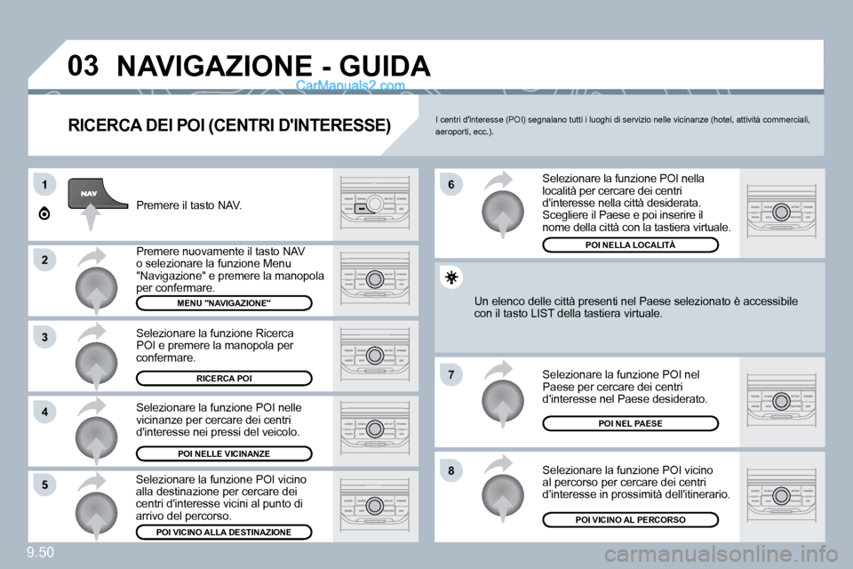 Peugeot Expert VU 2010  Manuale del proprietario (in Italian) 9.50
�0�3
1
�2
�3
�4
�7
�8�5
�6
� �N�A�V�I�G�A�Z�I�O�N�E� �-� �G�U�I�D�A� 
  RICERCA DEI POI (CENTRI DINTERESSE) 
 Premere il tasto NAV. 
� �P�r�e�m�e�r�e� �n�u�o�v�a�m�e�n�t�e� �i�l� �t�a�s�t�o� �N�