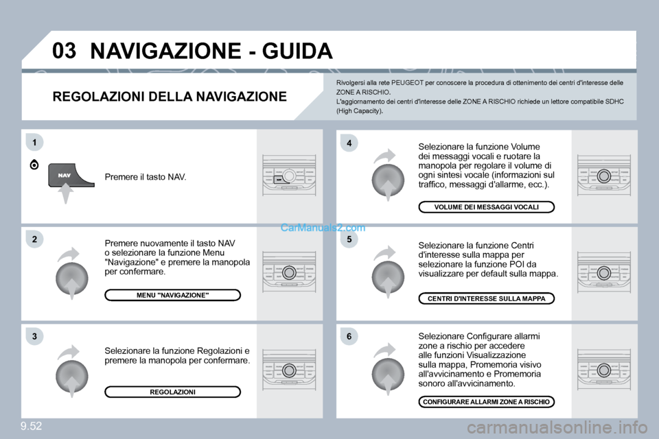 Peugeot Expert VU 2010  Manuale del proprietario (in Italian) 9.52
�0�3
�6
�4
�5
1
�2
�3
� � �R�E�G�O�L�A�Z�I�O�N�I� �D�E�L�L�A� �N�A�V�I�G�A�Z�I�O�N�E� 
� �S�e�l�e�z�i�o�n�a�r�e� �l�a� �f�u�n�z�i�o�n�e� �V�o�l�u�m�e� �d�e�i� �m�e�s�s�a�g�g�i� �v�o�c�a�l�i� �e� 