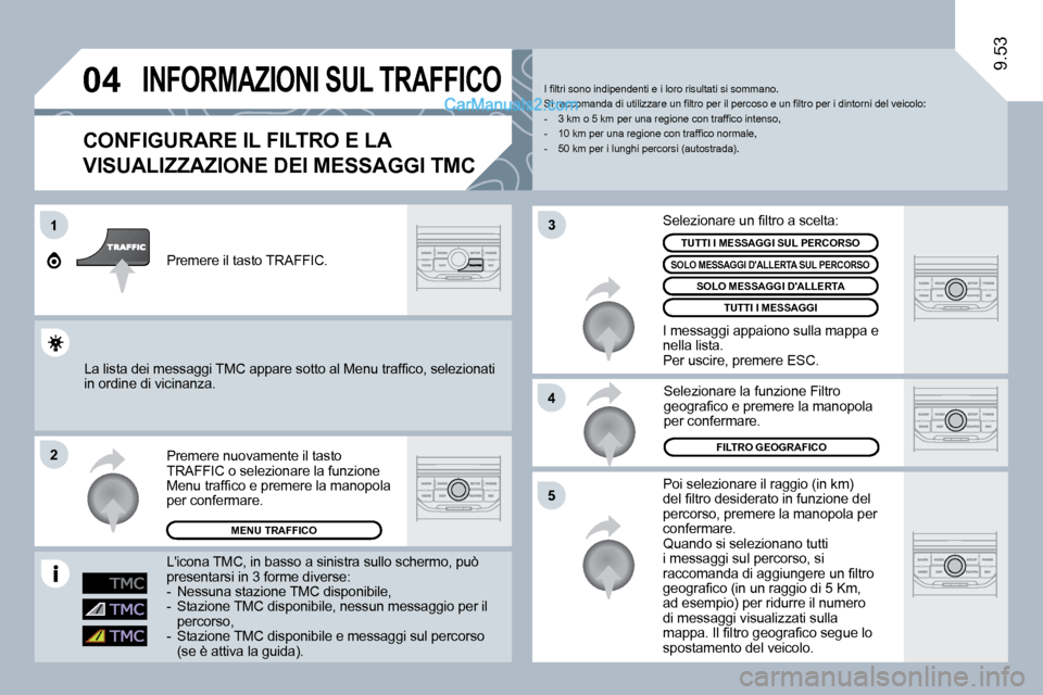 Peugeot Expert VU 2010  Manuale del proprietario (in Italian) �0�4
1
�2
�5
�4
�3
9.53
INFORMAZIONI SUL TRAFFICO 
  CONFIGURARE IL FILTRO E LA 
�V�I�S�U�A�L�I�Z�Z�A�Z�I�O�N�E� �D�E�I� �M�E�S�S�A�G�G�I� �T�M�C� 
� �P�o�i� �s�e�l�e�z�i�o�n�a�r�e� �i�l� �r�a�g�g�i�o