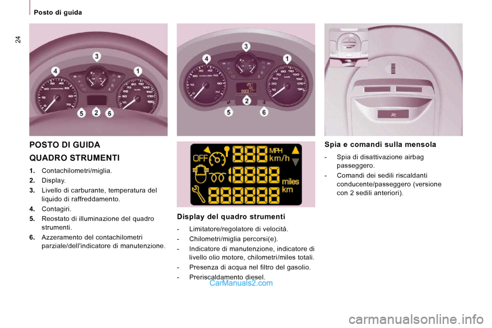 Peugeot Expert VU 2010 Manuale del proprietario (in Italian) 24
Posto di guida
QUADRO STRUMENTI
1. Contachilometri/miglia.
2. Display.
3. Livello di carburante, temperatura del
liquido di raffreddamento.
4. Contagiri.
Peugeot Expert VU 2010 Manuale del proprietario (in Italian) 24
Posto di guida
QUADRO STRUMENTI
1. Contachilometri/miglia.
2. Display.
3. Livello di carburante, temperatura del
liquido di raffreddamento.
4. Contagiri.