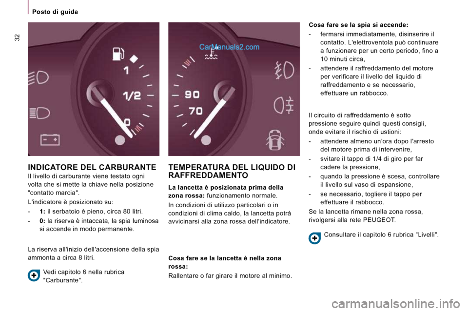 Peugeot Expert VU 2010  Manuale del proprietario (in Italian) 32
   Posto  di  guida   
 INDICATORE DEL CARBURANTE 
 Il livello di carburante viene testato ogni  
volta che si mette la chiave nella posizione 
"contatto marcia".  
 Lindicatore è posizionato su:
