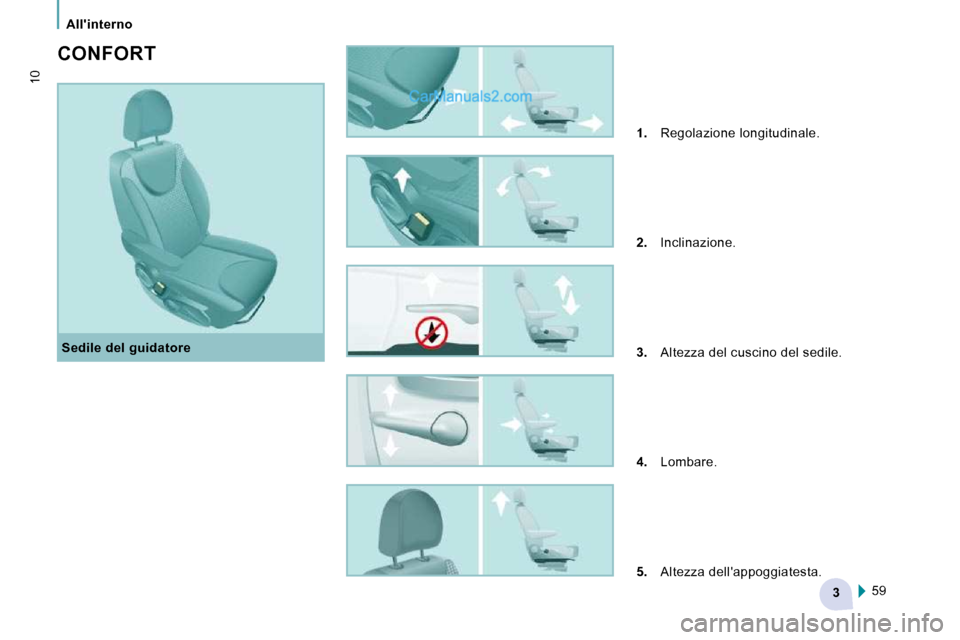 Peugeot Expert VU 2010  Manuale del proprietario (in Italian) 3
   Allinterno   
10
  Sedile del guidatore 
  CONFORT 
   
1.    Regolazione longitudinale. 
  
2.    Inclinazione. 
  
3.    Altezza del cuscino del sedile. 
  
4.    Lombare. 
  
5.    Altezza de