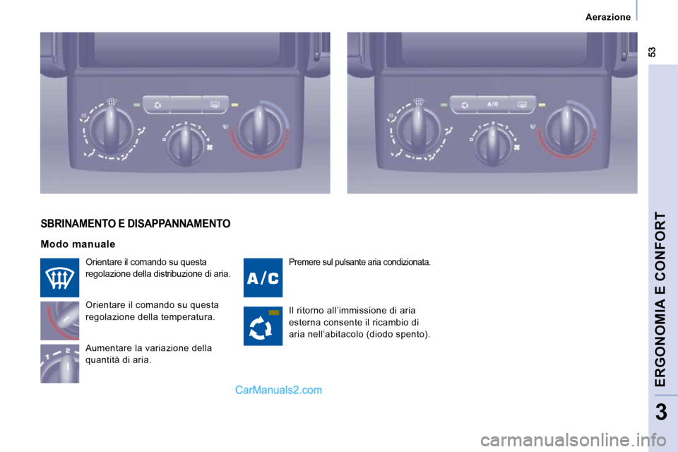 Peugeot Expert VU 2010 Manuale del proprietario (in Italian) Aerazione
ERGONOMIA E CONFORT
3
Premere sul pulsante aria condizionata. Orientare il comando su questa
regolazione della distribuzione di aria.
Orientare il comando su questa
regolazion Peugeot Expert VU 2010 Manuale del proprietario (in Italian) Aerazione
ERGONOMIA E CONFORT
3
Premere sul pulsante aria condizionata. Orientare il comando su questa
regolazione della distribuzione di aria.
Orientare il comando su questa
regolazion