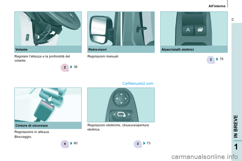 Peugeot Expert VU 2010  Manuale del proprietario (in Italian) 2
4
3
3
11
   Allinterno   
IN BREVE
1
  Cinture di sicurezza   Volante 
  Alzacristalli elettrici 
  Retrovisori 
 36   
 80    75   
 73  
 Regolazioni elettriche, chiusura/apertura  
elettrica. 
 