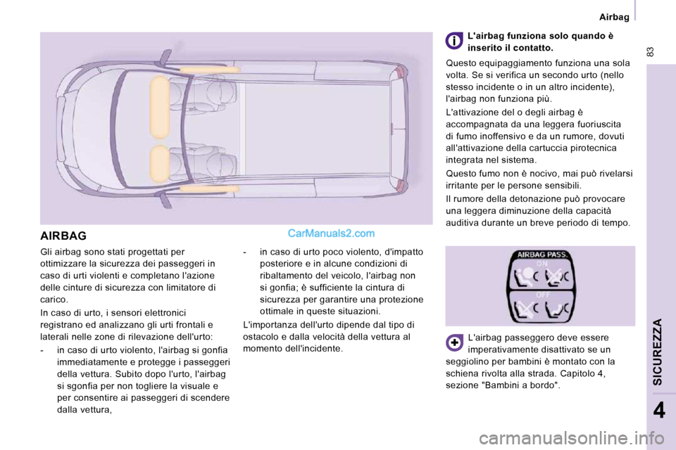 Peugeot Expert VU 2010 Manuale del proprietario (in Italian) 83
Airbag
SICUREZZA
4
Gli airbag sono stati progettati per
ottimizzare la sicurezza dei passeggeri in
caso di urti violenti e completano lazione
delle cinture di sicurezza con limitatore Peugeot Expert VU 2010 Manuale del proprietario (in Italian) 83
Airbag
SICUREZZA
4
Gli airbag sono stati progettati per
ottimizzare la sicurezza dei passeggeri in
caso di urti violenti e completano lazione
delle cinture di sicurezza con limitatore