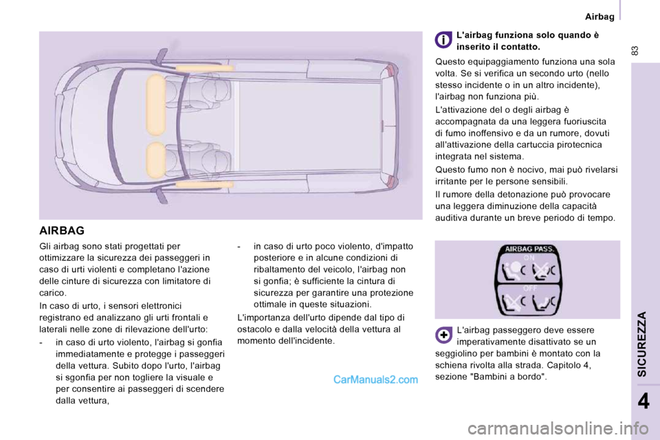 Peugeot Expert VU 2010 Manuale del proprietario (in Italian) 83
Airbag
SICUREZZA
4
Gli airbag sono stati progettati per
ottimizzare la sicurezza dei passeggeri in
caso di urti violenti e completano lazione
delle cinture di sicurezza con limitatore Peugeot Expert VU 2010 Manuale del proprietario (in Italian) 83
Airbag
SICUREZZA
4
Gli airbag sono stati progettati per
ottimizzare la sicurezza dei passeggeri in
caso di urti violenti e completano lazione
delle cinture di sicurezza con limitatore