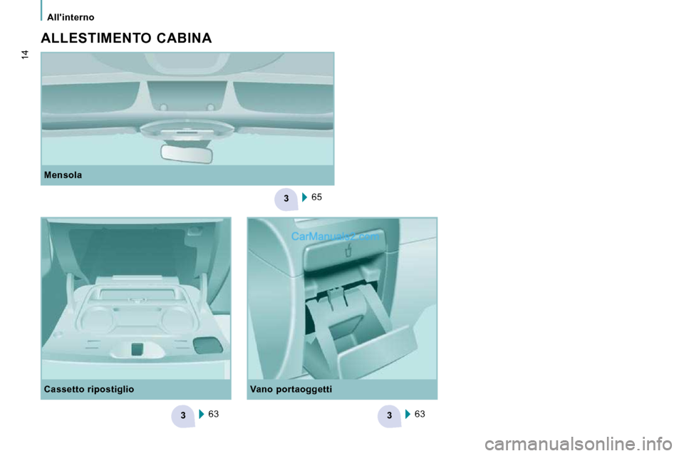 Peugeot Expert VU 2010  Manuale del proprietario (in Italian) 3
33
   Allinterno   
14
  Mensola  65  
  ALLESTIMENTO  CABINA 
  Cassetto ripostiglio   63    63   
  Vano portaoggetti      