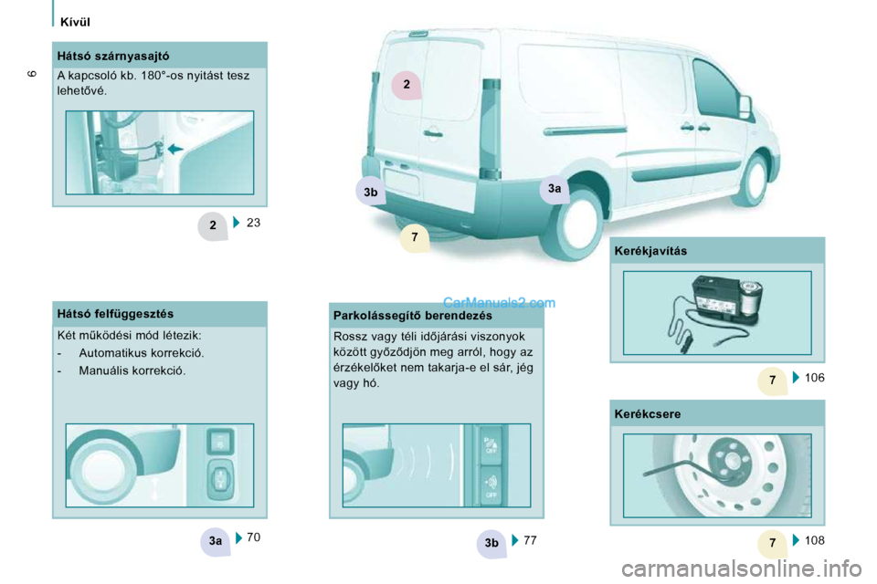 Peugeot Expert VU 2010  Kezelési útmutató (in Hungarian) 3b3a
2
7
7
2
3a3b
7
   Kívül   
6
 77  
 70  
  Hátsó szárnyasajtó  
� �A� �k�a�p�c�s�o�l�ó� �k�b�.� �1�8�0�°�-�o�s� �n�y�i�t�á�s�t� �t�e�s�z�  
�l�e�h�e�t5�v�é�.� 
� � �P�a�r�k�o�l�á�s�s�