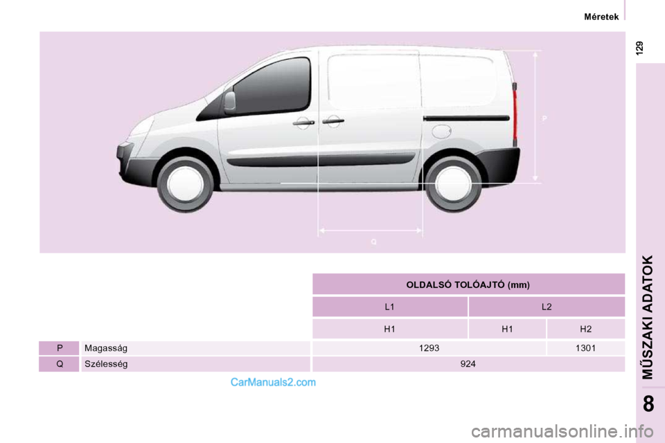 Peugeot Expert VU 2010  Kezelési útmutató (in Hungarian)    Méretek   
�MB�S�Z�A�K�I� �A�D�A�T�O�K
8
   
�O�L�D�A�L�S�Ó� �T�O�L�Ó�A�J�T�Ó� �(�m�m�)    
  L1     L2  
  H1     H1     H2  
  P     Magasság     1293     1301  
  Q     Szélesség     924