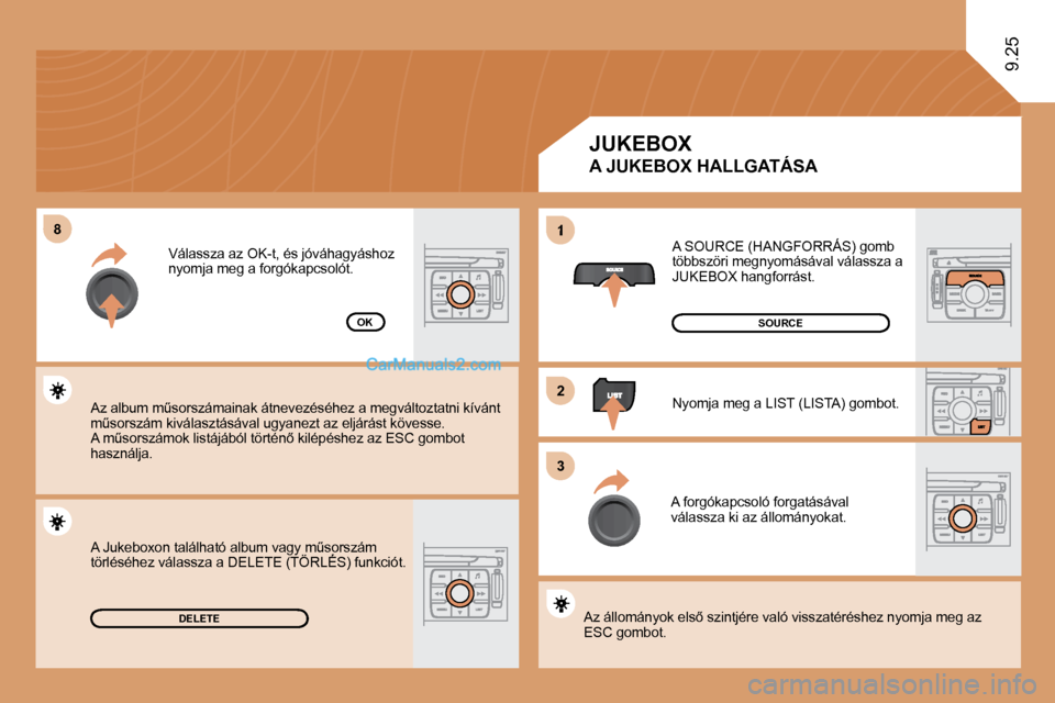 Peugeot Expert VU 2010  Kezelési útmutató (in Hungarian) �8�8
�2�2
�3�3
1
9.25
DELETE
OK
� �A� �S�O�U�R�C�E� �(�H�A�N�G�F�O�R�R�Á�S�)� �g�o�m�b� �t�ö�b�b�s�z�ö�r�i� �m�e�g�n�y�o�m�á�s�á�v�a�l� �v�á�l�a�s�s�z�a� �a� �J�U�K�E�B�O�X� �h�a�n�g�f�o�r�r�á�