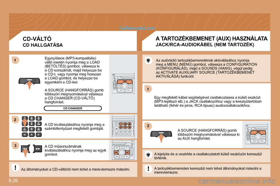 Peugeot Expert VU 2010  Kezelési útmutató (in Hungarian) 9.26 
1
�2�2
11
�3�3
�2�2
CD CHANGER
� �E�g�y�n�y�í�l�á�s�o�s� �(�M�P�3�-�k�o�m�p�a�t�i�b�i�l�i�s�)� �v�á�l�t�ó� �e�s�e�t�é�n� �n�y�o�m�j�a� �m�e�g� �a� �L�O�A�D� �(�B�E�T�Ö�L�T�É�S�)� �g�o�m�b