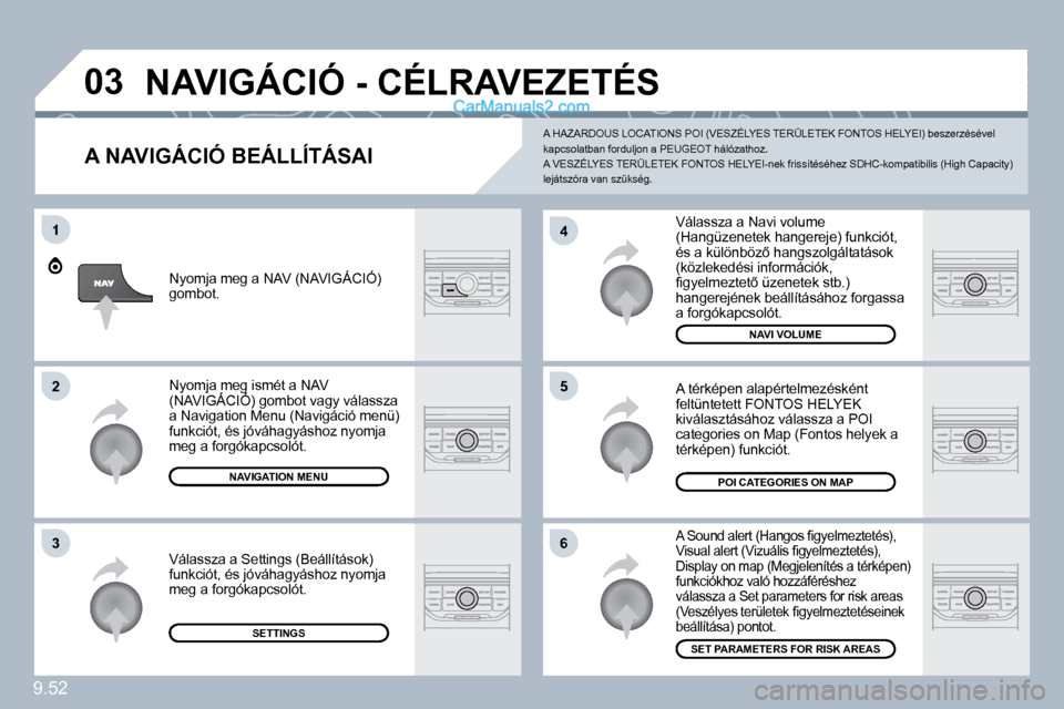 Peugeot Expert VU 2010  Kezelési útmutató (in Hungarian) 9.52
�0�3
�6
�4
�5
1
�2
�3
  A NAVIGÁCIÓ BEÁLLÍTÁSAI 
� � �V�á�l�a�s�s�z�a� �a� �N�a�v�i� �v�o�l�u�m�e� �(�H�a�n�g�ü�z�e�n�e�t�e�k� �h�a�n�g�e�r�e�j�e�)� �f�u�n�k�c�i�ó�t�,� �é�s� �a� �k�ü�l