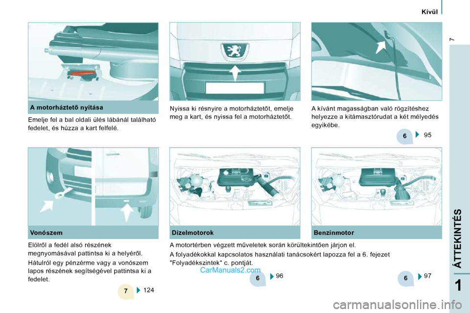 Peugeot Expert VU 2010  Kezelési útmutató (in Hungarian) 6
7
6
6
7
   Kívül   
ÁTTEKINTÉS
1
 96  
  Dízelmotorok    Benzinmotor 
 97  
 124   
  Vonószem 
� � � �A� �m�o�t�o�r�h�á�z�t�e�t5� �n�y�i�t�á�s�a� 
� �E�m�e�l�j�e� �f�e�l� �a� �b�a�l� �o�l�