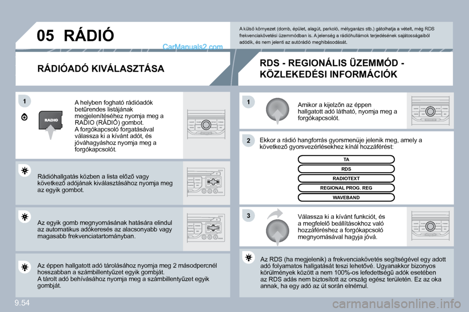 Peugeot Expert VU 2010  Kezelési útmutató (in Hungarian) 9.54
11
�2
�3
�0�5
  RÁDIÓADÓ KIVÁLASZTÁSA 
� �A�m�i�k�o�r� �a� �k�i�j�e�l�z5�n� �a�z� �é�p�p�e�n� �h�a�l�l�g�a�t�o�t�t� �a�d�ó� �l�á�t�h�a�t�ó�,� �n�y�o�m�j�a� �m�e�g� �a� �f�o�r�g�ó�k�a�p