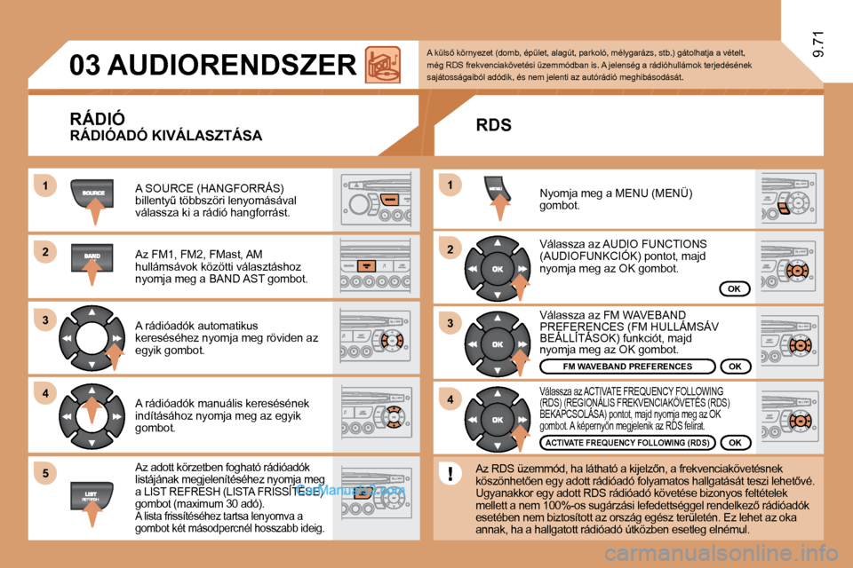 Peugeot Expert VU 2010  Kezelési útmutató (in Hungarian) 11
�2�2
�3�3
�4�4
�2�2
�4�4
�3�3
11
�0�3
�5�5
9.71
     AUDIORENDSZER 
  RÁDIÓ 
� �A� �S�O�U�R�C�E� �(�H�A�N�G�F�O�R�R�Á�S�)� �b�i�l�l�e�n�t�yC� �t�ö�b�b�s�z�ö�r�i� �l�e�n�y�o�m�á�s�á�v�a�l� �