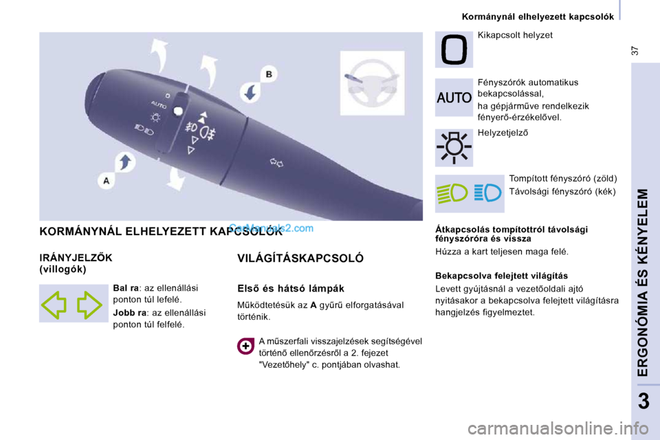 Peugeot Expert VU 2010  Kezelési útmutató (in Hungarian)  37
   Kormánynál  elhelyezett  kapcsolók   
ERGONÓMIA ÉS KÉNYELEM
3
  Átkapcsolás tompítottról távolsági  
fényszóróra és vissza  
 Húzza a kart teljesen maga felé.   Fényszórók 