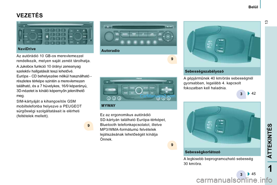 Peugeot Expert VU 2010  Kezelési útmutató (in Hungarian) 9
9
3
9
3
13
   Belül   
ÁTTEKINTÉS
1
  VEZETÉS   NaviDrive 
� �E�z� �a�z� �e�r�g�o�n�o�m�i�k�u�s� �a�u�t�ó�r�á�d�i�ó�  
�S�D�-�k�á�r�t�y�á�n� �t�a�l�á�l�h�a�t�ó� �E�u�r�ó�p�a�-�t�é�r�k��