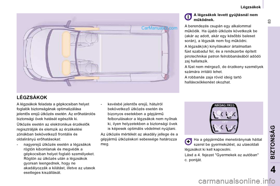Peugeot Expert VU 2010  Kezelési útmutató (in Hungarian) � �8�3
   Légzsákok   
BIZTONSÁG
4
� �A� �l�é�g�z�s�á�k�o�k� �f�e�l�a�d�a�t�a� �a� �g�é�p�k�o�c�s�i�b�a�n� �h�e�l�y�e�t�  
�f�o�g�l�a�l�ó�k� �b�i�z�t�o�n�s�á�g�á�n�a�k� �o�p�t�i�m�a�l�i�z�á�